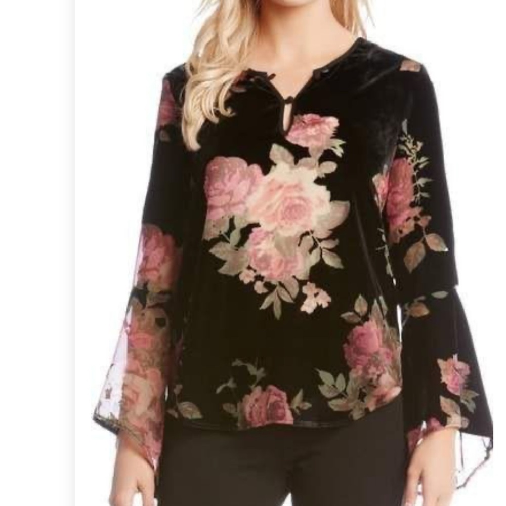KAREN KANE Women's Blouse Floral Velvet Burnout Long Bell Sleeve Size S
